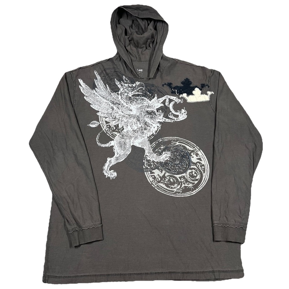 Y2K Grunge Graphic XL Lee Affliction Style Cyber Long Sleeve Hooded Tee